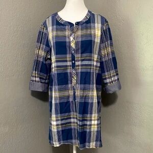 Pendleton navy plaid cotton 3/4 cuffed sleeve tunic shirt dress coastal Large